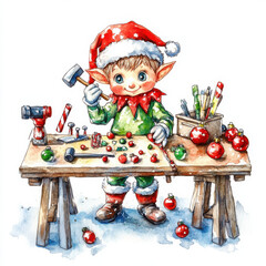 cheerful elf in Santa hat works on holiday crafts at wooden table, surrounded by colorful decorations and tools, evoking festive spirit