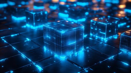 This image presents a glowing blue cube surrounded by an expansive network of illuminated points representing a digital world and connectivity