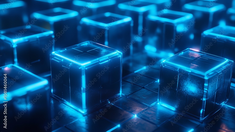 Aufkleber this image presents a glowing blue cube surrounded by an expansive network of illuminated points rep
