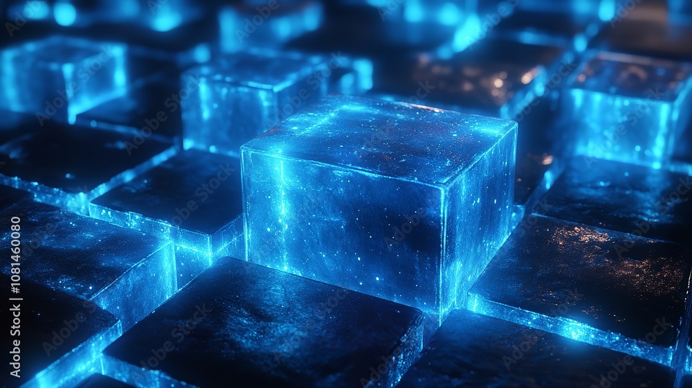 Aufkleber this image presents a glowing blue cube surrounded by an expansive network of illuminated points rep