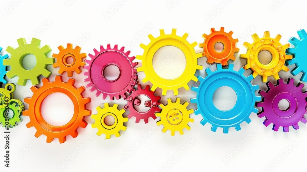 Poster A conceptual image of diverse gears interlocking in various colors against a seamless white backdrop, Reflecting cooperation and diversity, photography style