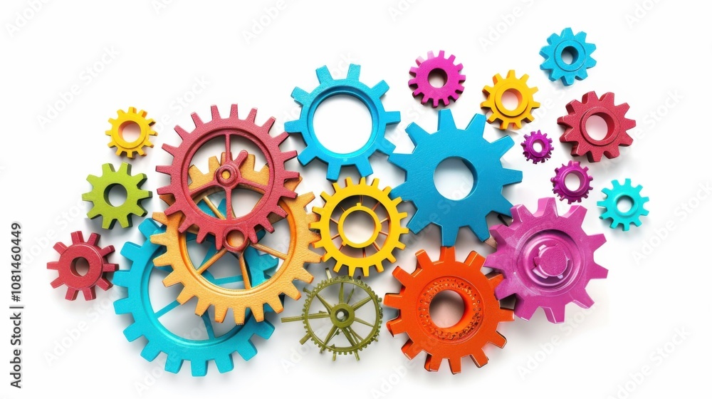 Poster A conceptual image of diverse gears interlocking in various colors against a seamless white backdrop, Reflecting cooperation and diversity, photography style