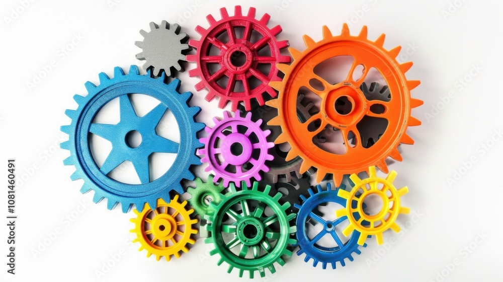 Poster A conceptual image of diverse gears interlocking in various colors against a seamless white backdrop, Reflecting cooperation and diversity, photography style