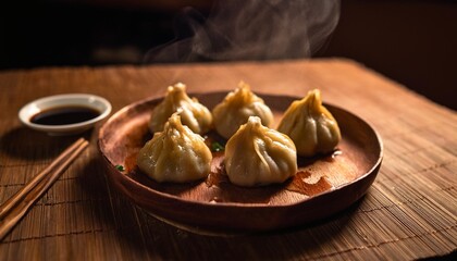 Crispy Guotie Dumplings Filled with Juicy Pork, Captured in a Dark and Moody Dim Sum Setting with Steam Rising and a Rich Soy Vinegar Dip