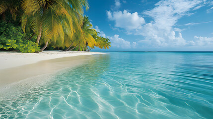 Tranquil Tropical Beach Scene: Palm Trees sway gently beside a pristine white sandy beach and crystal-clear turquoise waters under a vibrant blue sky.