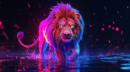 A majestic lion with neon pink and blue colors walks through a dark water surface with a blur of colorful lights and sparks.