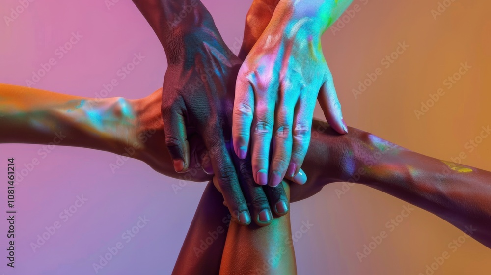 Poster A conceptual image of diverse hands of different shades forming a mosaic of unity against a gradient background, Symbolizing collaboration and diversity, photography style