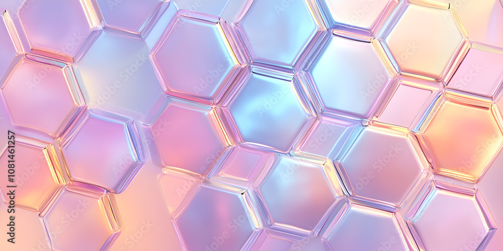 Poster Abstract Hexagon Pattern in Soft Pastel Hues: A mesmerizing geometric design with hexagonal shapes and a captivating iridescent effect.