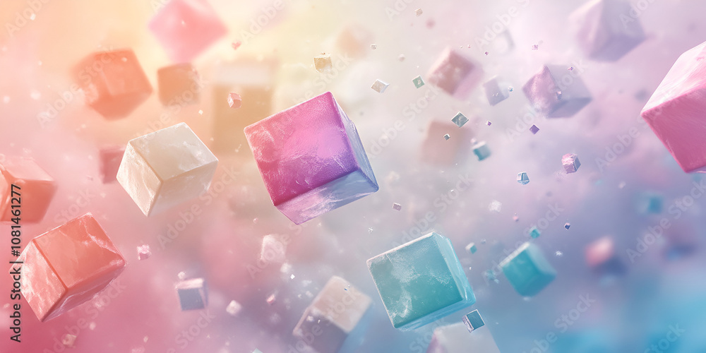 Poster floating pastel cubes in a dreamy haze: a captivating abstract image with vibrant pastel-colored cub