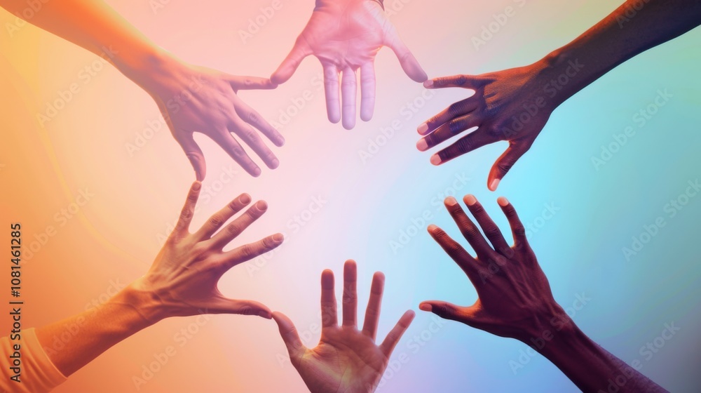 Aufkleber a conceptual image of diverse hands of different shades forming a unity circle against a gradient ba