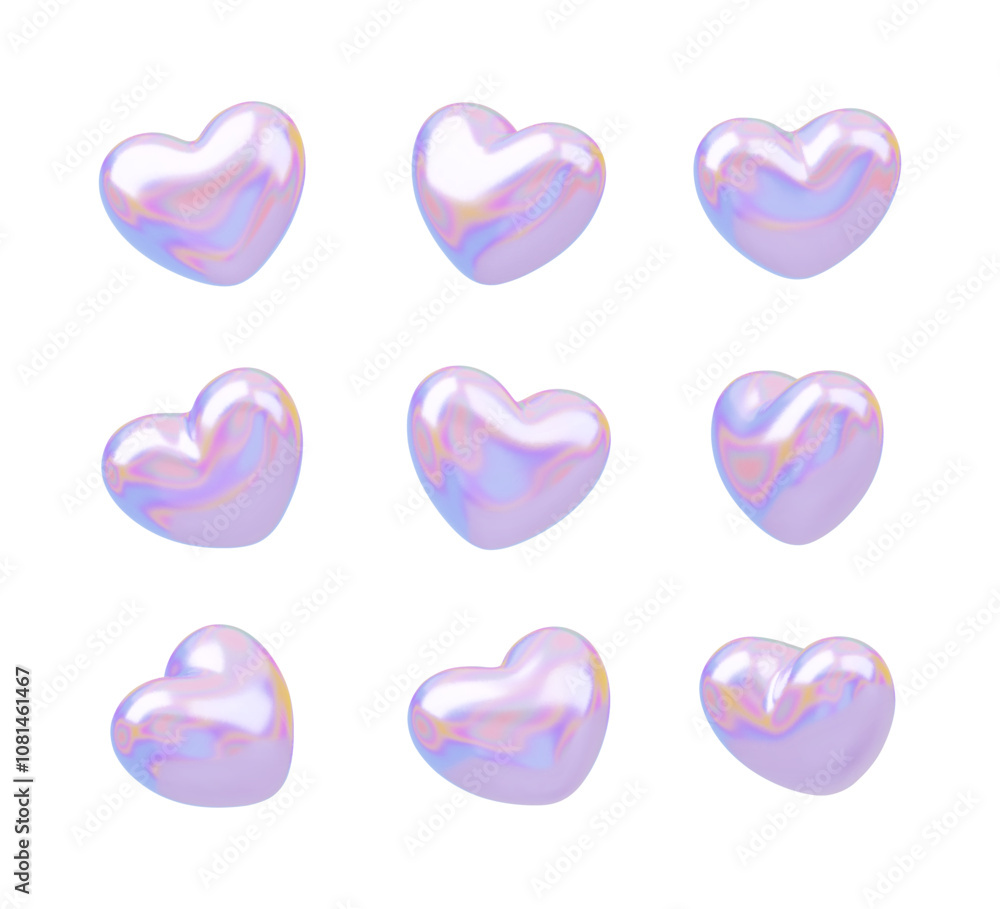 Wall mural 3d holo heart in different color. holographic vector valentines day symbol in different view. realis