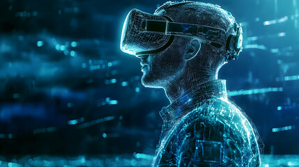 3D Wireframe Person Immersed in Virtual Reality Headset, Exploring Digital Landscape