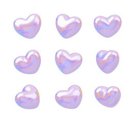 3D holo heart in different color. Holographic vector Valentines day symbol in different view. Realistic romantic symbol in various angles. Chrome love icons isolated on a white. Love concept