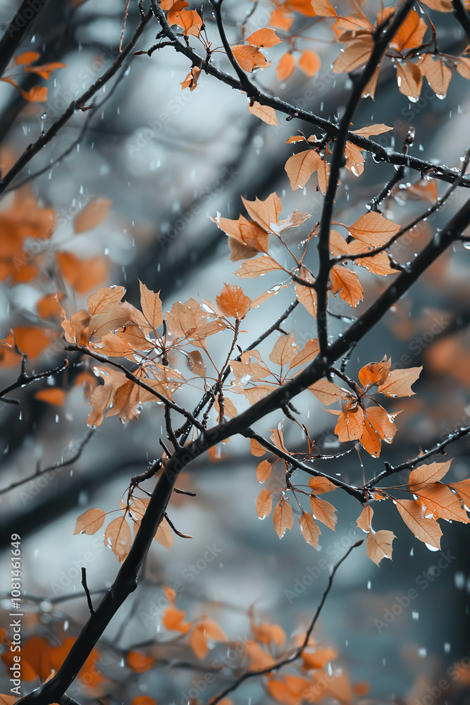 Poster beautiful autumn leaves with raindrops on branches against a soft blue background in a serene forest