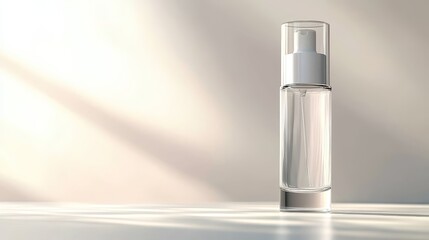 A clear glass spray bottle on a light background, ideal for cosmetics or personal care products.