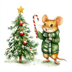 cute mouse in green coat holding candy cane stands beside decorated Christmas tree. scene is festive and cheerful, perfect for holiday themes