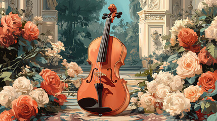 In the backdrop of baroque capitals, a violin takes center stage, bridging classic elegance with musical artistry. illustration of a classical violin in a flowery setting. Baroque. Illustration