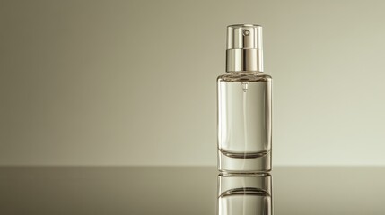A sleek, transparent perfume bottle with a silver spray nozzle on a reflective surface.