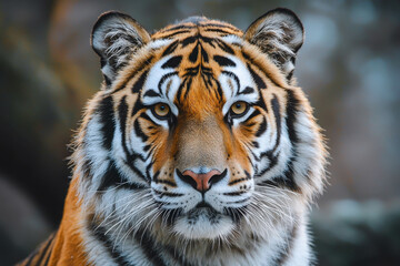 Fototapeta premium Majestic Close-Up of a Striking Tiger Displaying Intense Gaze and Distinctive Orange and Black Stripes in a Natural Setting, Capturing the Power of Wildlife