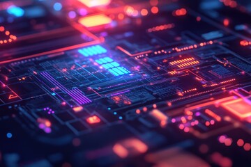 Obraz premium Close-up of a glowing circuit board with red and blue lights.