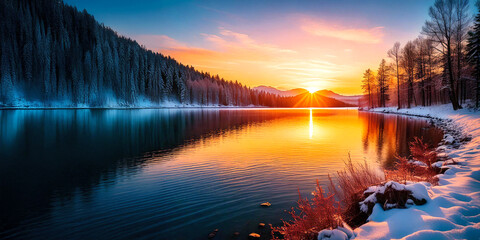 Fototapeta premium sunrise in winter view on serene lakeside realistic illustration