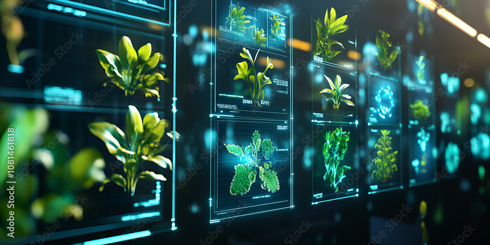 Poster digital agriculture: a futuristic interface showcasing a diverse array of plants and data, represent