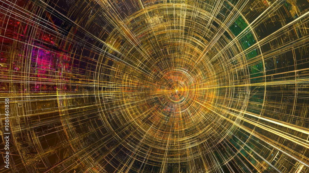 Poster abstract geometric design featuring radiant circular patterns and intricate lines in warm gold and h