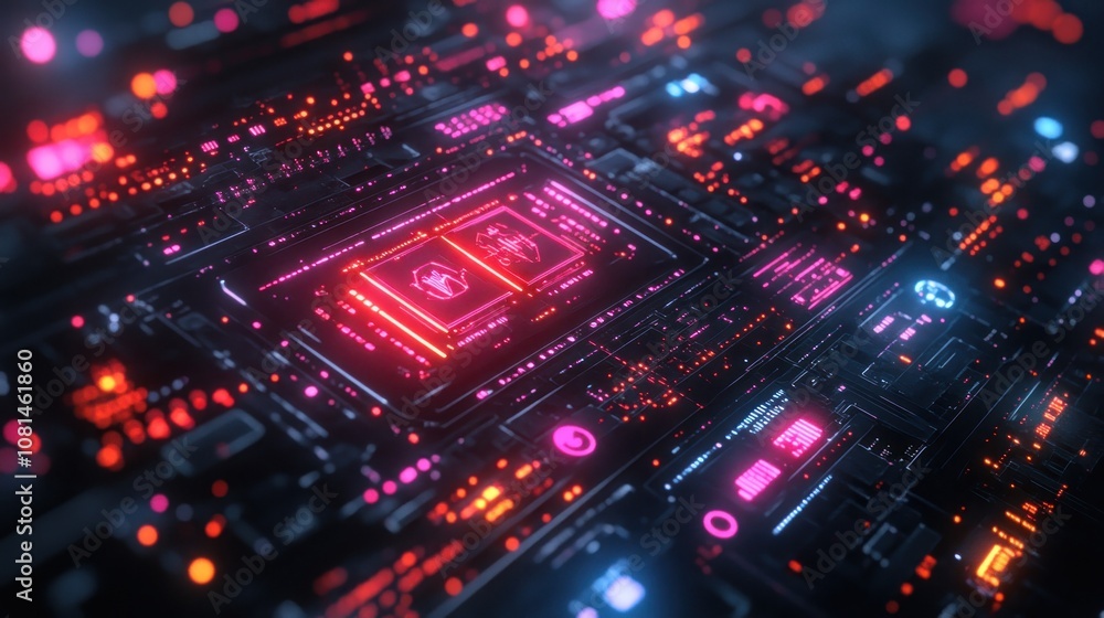Poster a close-up of a futuristic circuit board with glowing lights and a digital interface.