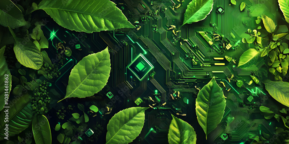 Poster green tech abstract: a mesmerizing abstract illustration of green leaves overlapping a futuristic ci