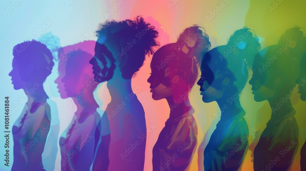Poster A conceptual image of diverse human silhouettes merging into one another against a gradient background, Illustrating unity in diversity, photography style
