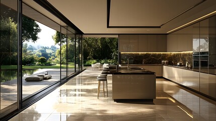 Fototapeta premium Modern beige kitchen with a spacious island bar counter, polished surfaces, and high-end appliances in an airy open space