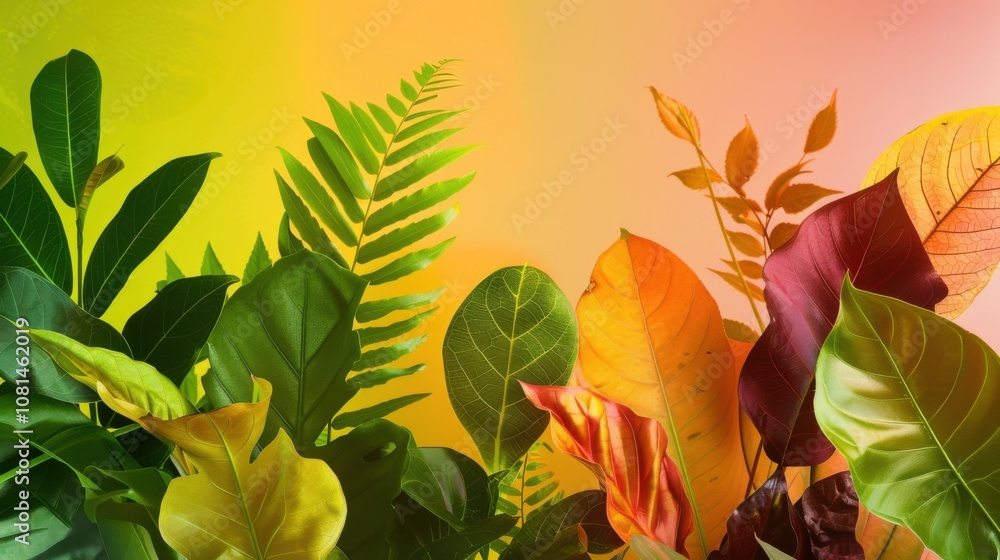 Poster a conceptual image of diverse leaves of different shapes and colors growing together against a gradi