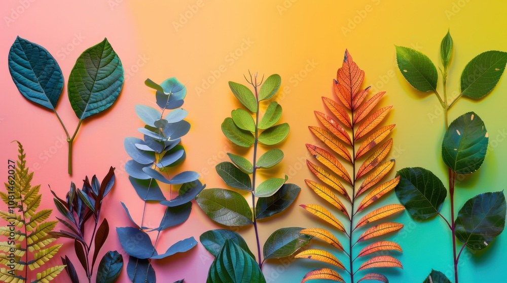 Poster a conceptual image of diverse leaves of different shapes and colors growing together against a gradi