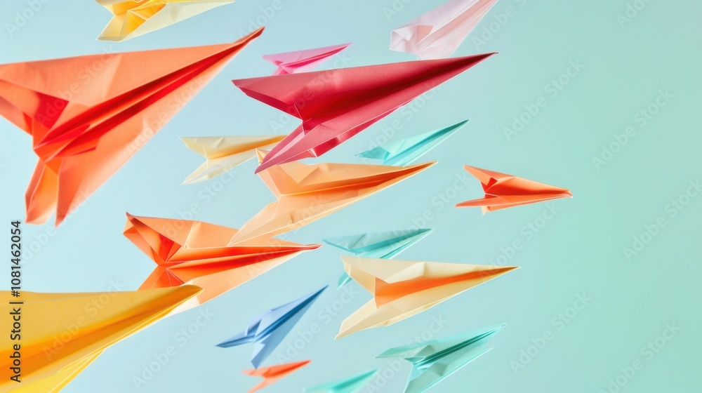 Poster A conceptual image of diverse paper airplanes of different colors soaring towards a common destination on a plain backdrop, Embodying unity and shared aspirations, photography style