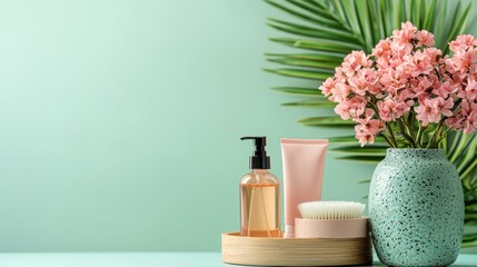 Skincare and beauty products with flowers on green background