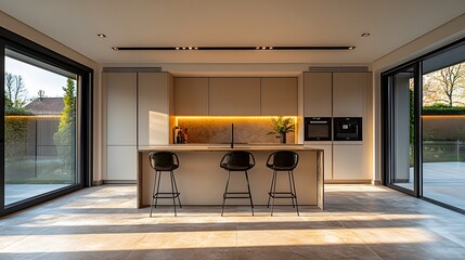 Spacious beige kitchen with a functional bar counter, modern appliances, and a bright, open space free from clutter