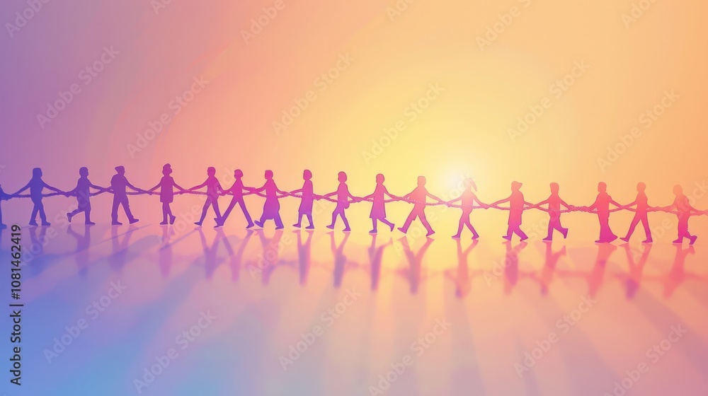 Poster a conceptual image of diverse silhouettes forming a human chain against a gradient background, embod