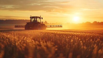 Fototapeta premium Silhouetted Tractor Sprays Golden Field at Sunset, Agricultural Machinery Working in Rural Landscape, Idyllic Farming Scene.