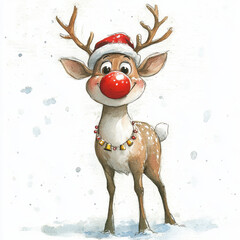 Cute cartoon reindeer wearing Santa hat and festive necklace, standing in snow. cheerful expression adds joyful holiday spirit