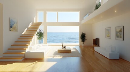 Obraz premium Spacious living room with sleek modern furniture, bright design, minimalist decor, and high-quality 3D rendering