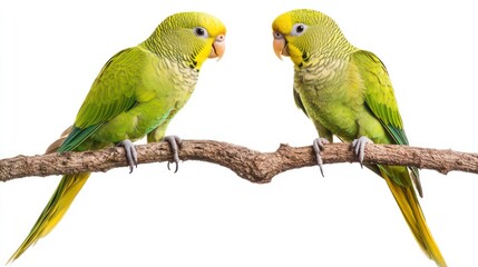 Fototapeta premium Two green parakeets on a branch isolated on white background