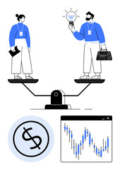 Business team on balance scale, woman holding clipboard, man with briefcase and lightbulb. Dollar sign and market growth graph beside. Ideal for equality, business, finance, teamwork, leadership