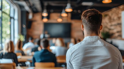 Fototapeta premium Students attentively listening to a lecture in a modern classroom with wooden accents and large windows during daytime