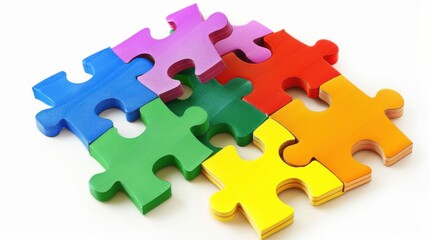 Obraz premium A conceptual image of puzzle pieces of different colors fitting together seamlessly on a white background, Signifying integration and unity, photography style