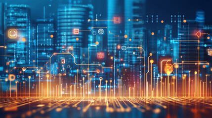 A futuristic cityscape with glowing digital lines and icons, representing the concept of a smart city and technological advancement.