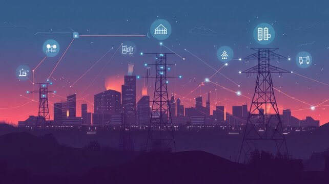 Smart Grids and Sustainable Energy Storage, A cityscape at dusk powered by a smart grid, with icons illustrating energy storage distribution to buildings and infrastructure