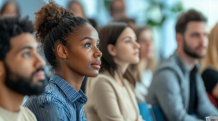 Fototapeta premium Engaged audience listening intently during a professional seminar in a bright conference room on a sunny day