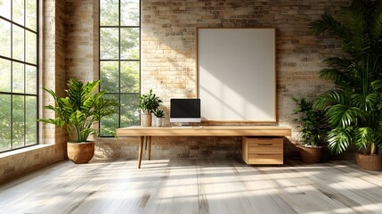 Bright minimalist office space with clean surfaces, computer on desk, blank wall on right side, modern design, no clutter