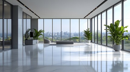 Obraz premium Clean and open office layout with computer screen on desk, blank wall on right, minimalist decor, 3D rendering, high-quality