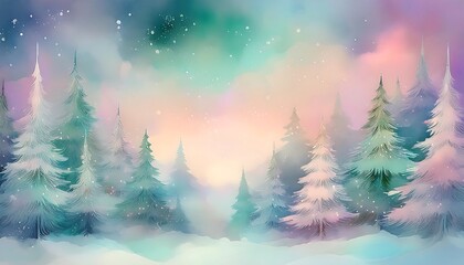 Pastel watercolor landscape with snow-dusted fir trees creating a serene Christmas atmosphere. Generative AI